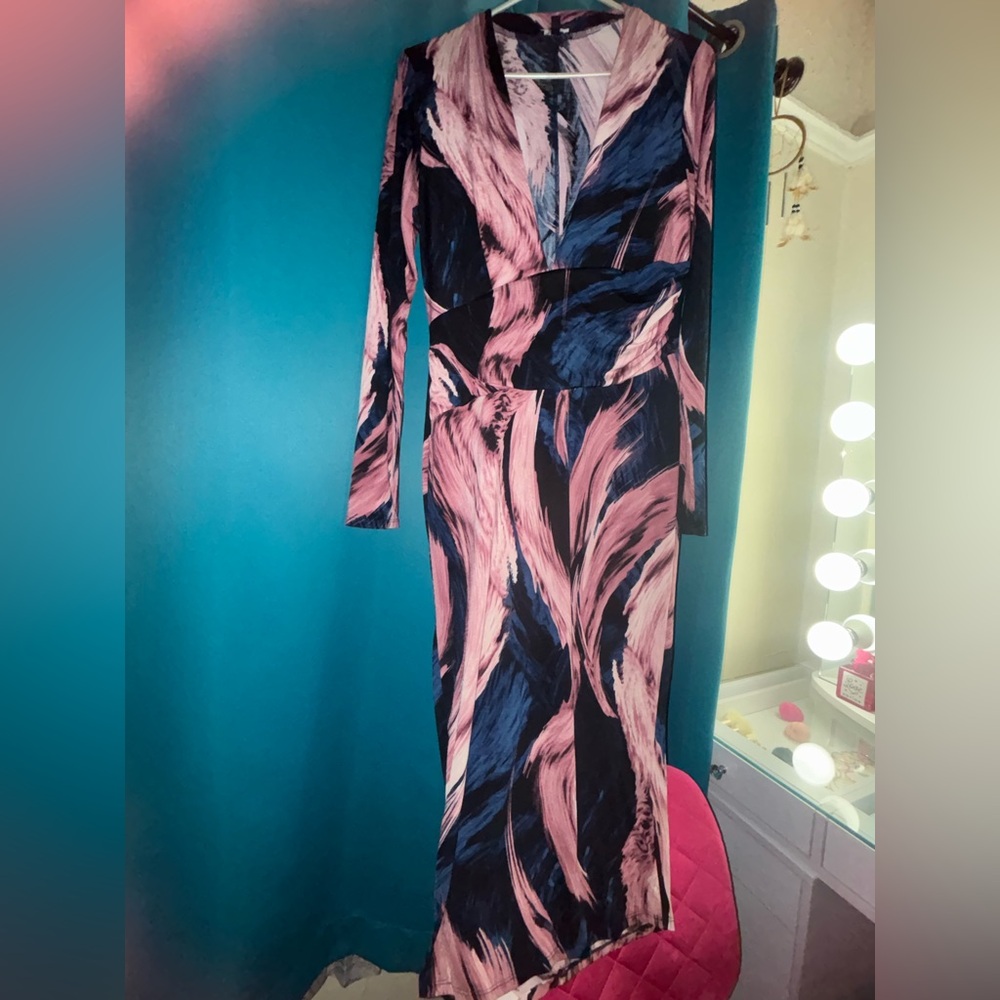 Fashion Nova Pink and Blue Long Sleeve Dress